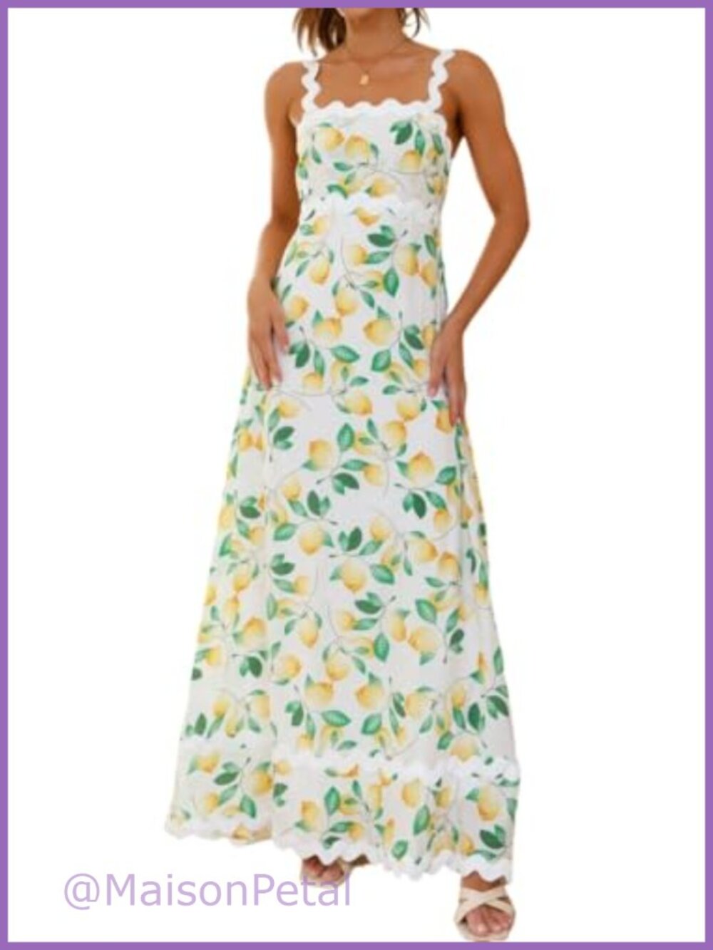 Sleeveless Lemon Print Maxi Dress Ric Rac Smocked Back Casual
